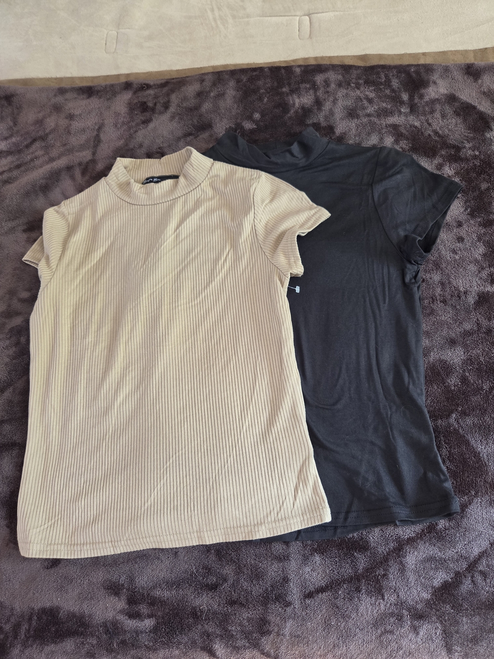 Short Sleeve Mock Neck Ribbed Top in Beige and Black